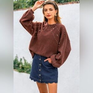Brown Sweater with Pearl Accents